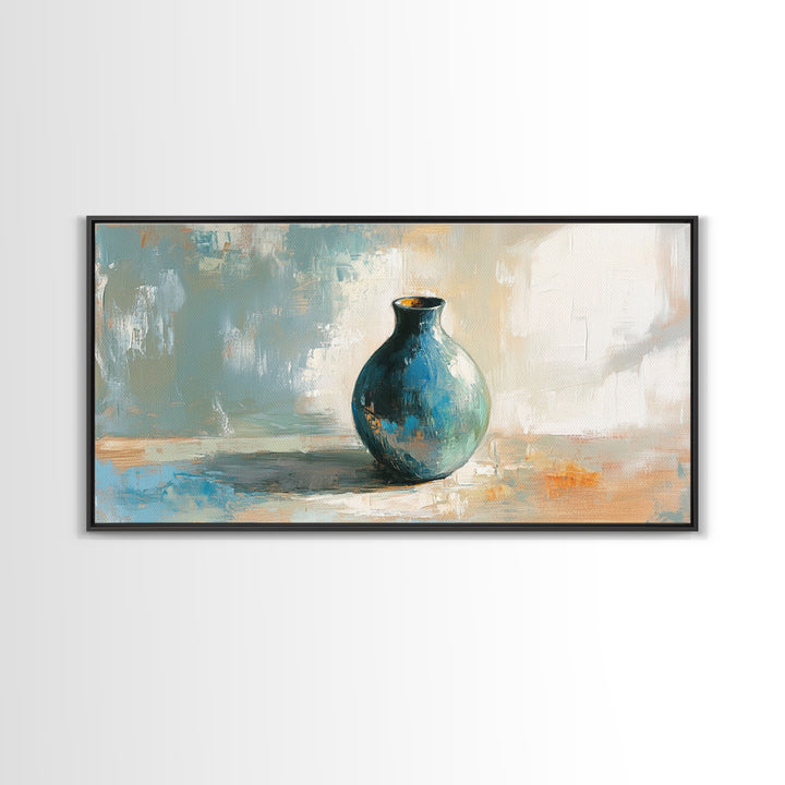 Turquoise Ceramic Vase Still Life Framed Canvas Print, Neutral Wall Art, Modern Home Decor, Living Room Decor, Housewarming Gift