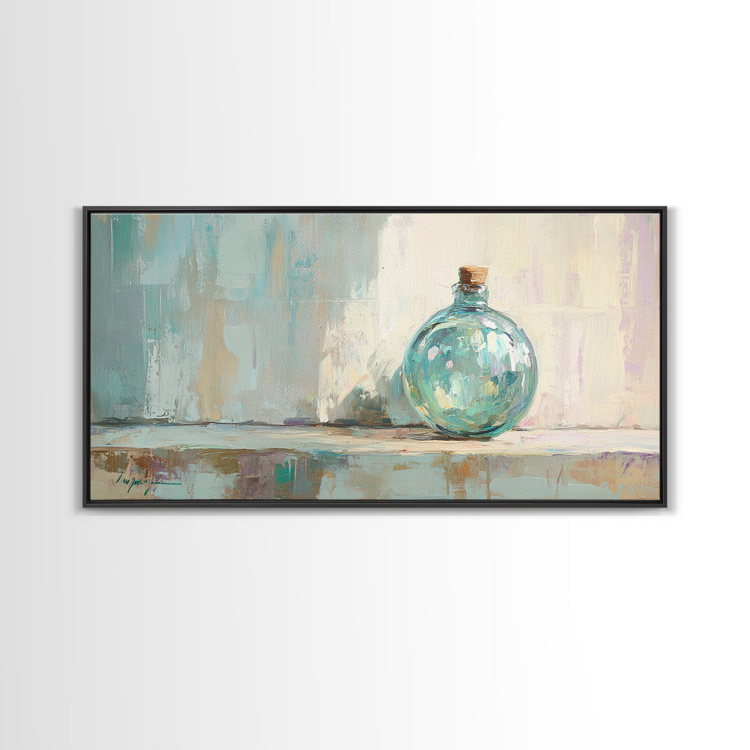 Aqua Glass Bottle Still Life Framed Canvas Print, Coastal Wall Art, Minimalist Decor, Modern Home Decor, Housewarming Gift