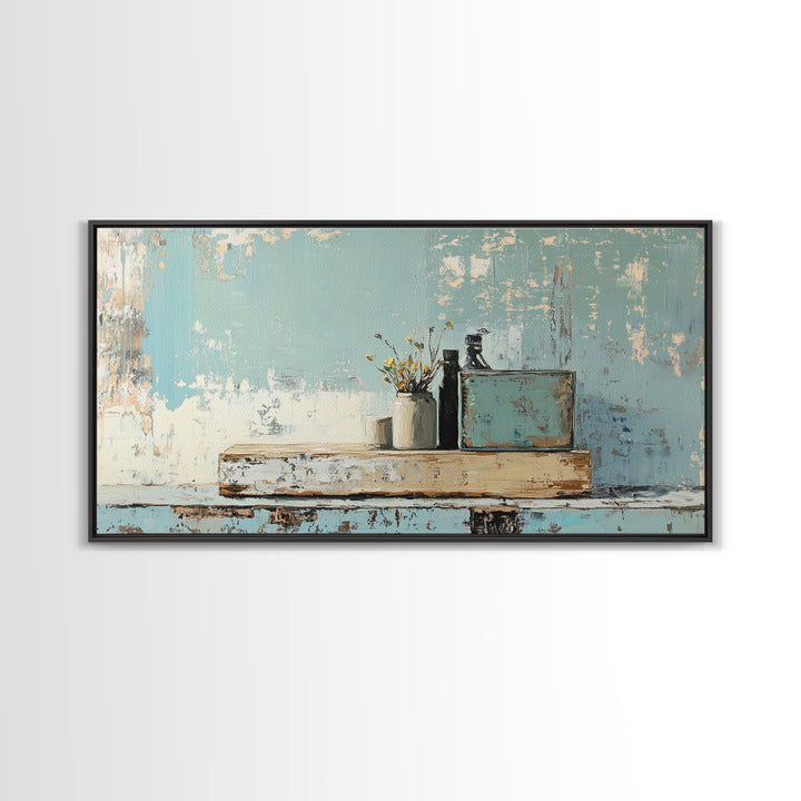 Rustic Blue Shelf Still Life Wall Art, Textured Coastal Farmhouse Kitchen Decor, Neutral Living Room Art Print, Housewarming Gift