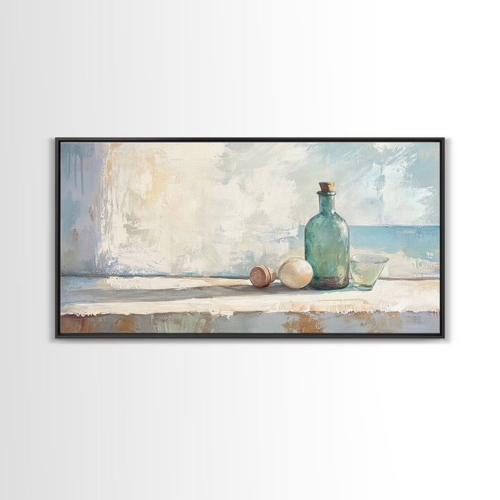 Sea Glass Bottle And Eggs Wall Art, Minimalist Coastal Kitchen Decor, Neutral Still Life Canvas Print, Beach House Decor Gift