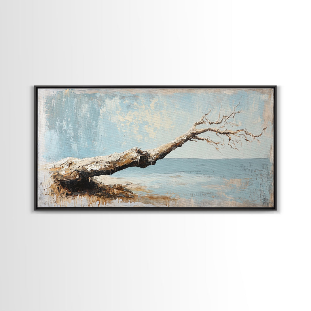 Weathered Driftwood Seascape Wall Art, Coastal Beach House Decor, Neutral Ocean Canvas Print, Rustic Nature Living Room Art Gift