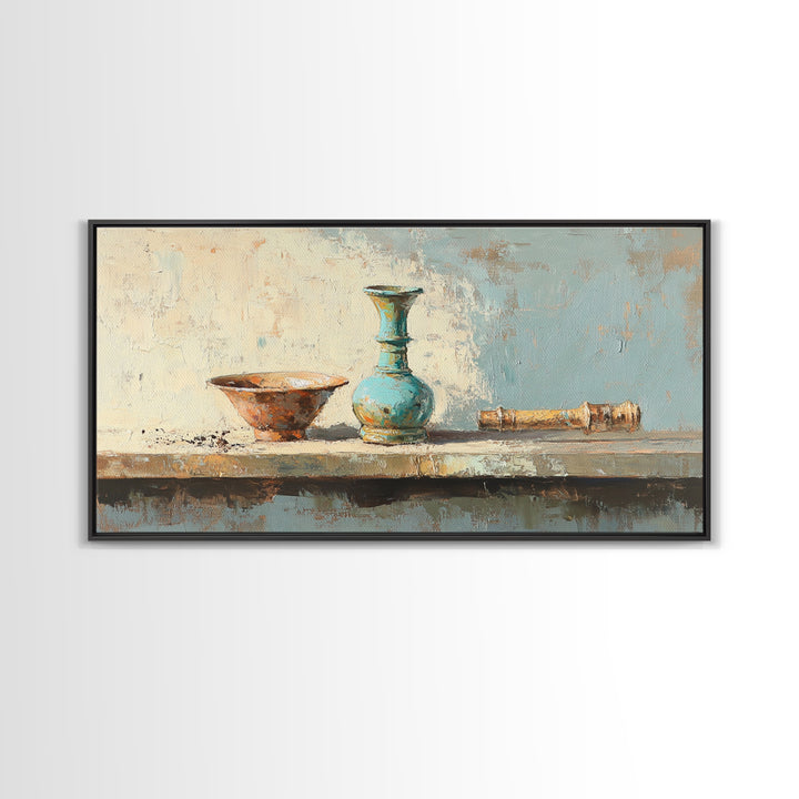 Turquoise Vase And Rustic Bowl Wall Art, Textured Still Life Canvas Print, Neutral Farmhouse Decor For Living Room Housewarming Gift