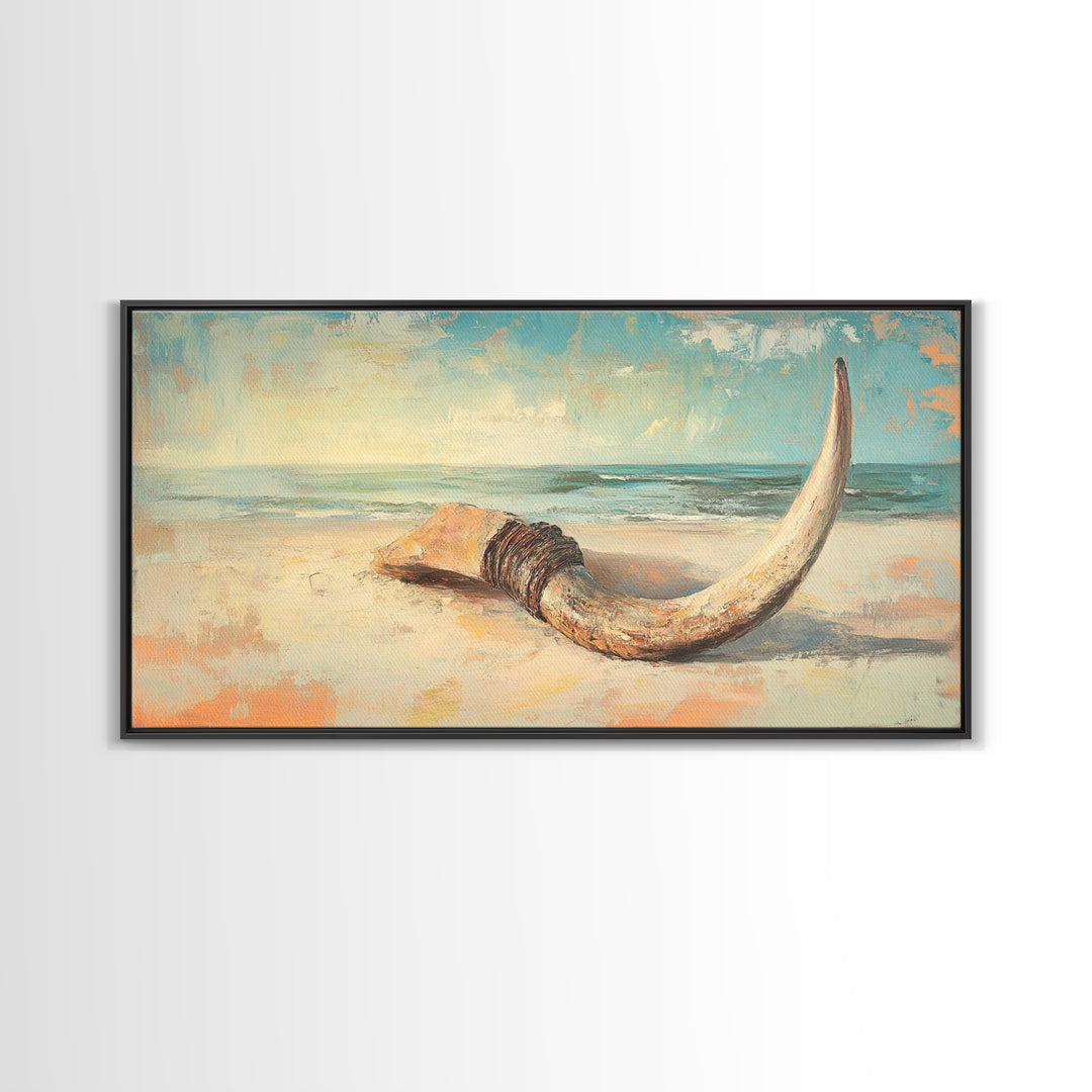 Weathered Horn On Sandy Shore Wall Art, Coastal Beach House Decor, Nautical Canvas Wall Art, Rustic Seascape Gift For Living Room Decor