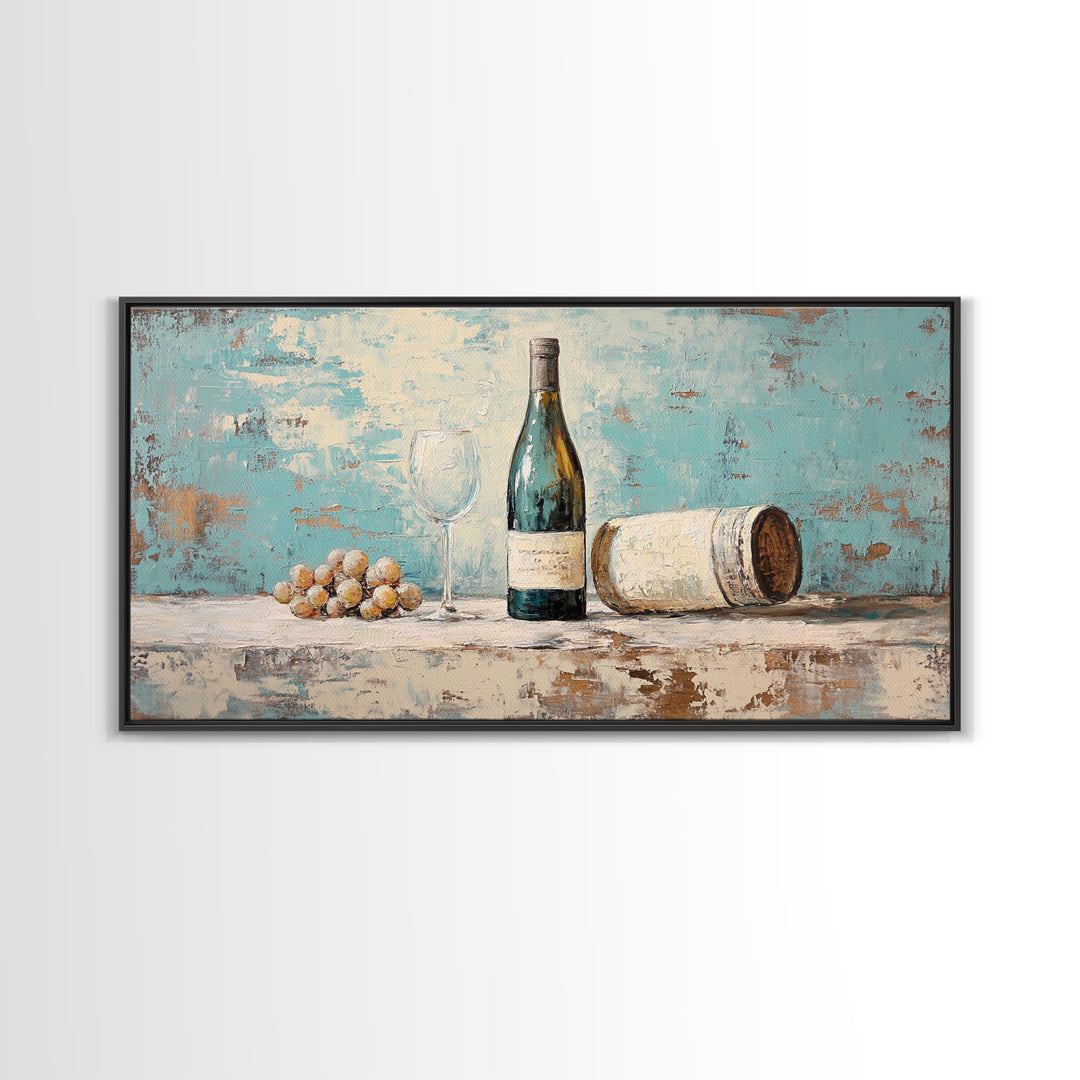 Wine Bottle With Glass And Grapes Canvas Print, Winery Kitchen Wall Art, Rustic Bar Cart Decor, Vineyard Housewarming Gift
