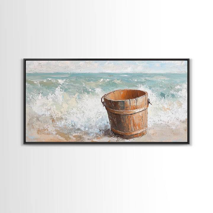 Wooden Bucket By Ocean Waves Framed Canvas Print, Coastal Beach Wall Art, Nautical Bathroom Decor, Beach House Gift For Living Room