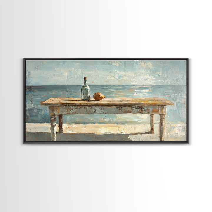 Weathered Seaside Table With Bottle Canvas Print, Coastal Wall Art, Beach House Decor, Ocean Painting, Nautical Living Room Decor