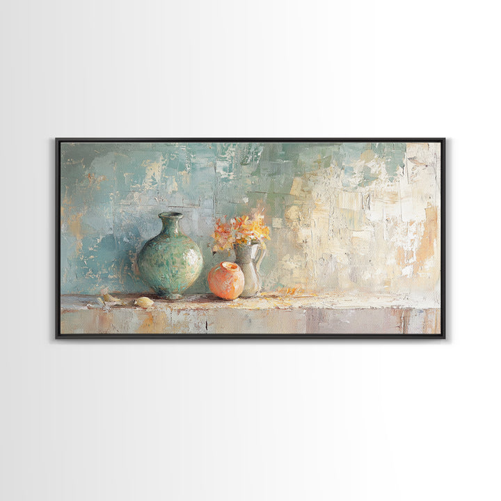 Textured Vases With Tiny Orange Flowers Canvas Print, Neutral Wall Art, Modern Farmhouse Decor, Still Life Painting, Gift For Her