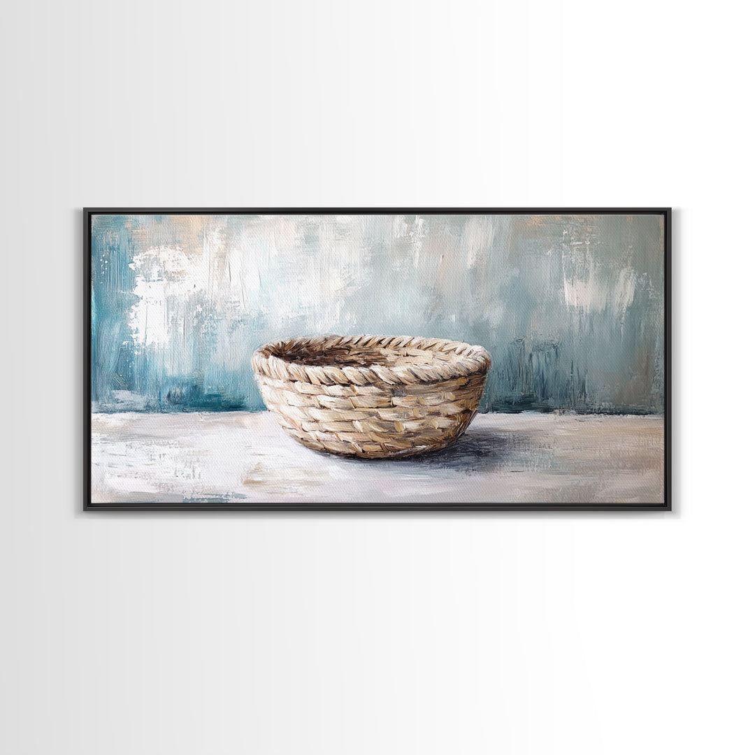 Handwoven Basket Still Life Canvas Print, Rustic Wall Art, Neutral Farmhouse Decor, Wabi Sabi Art, Cozy Kitchen Decor Gift