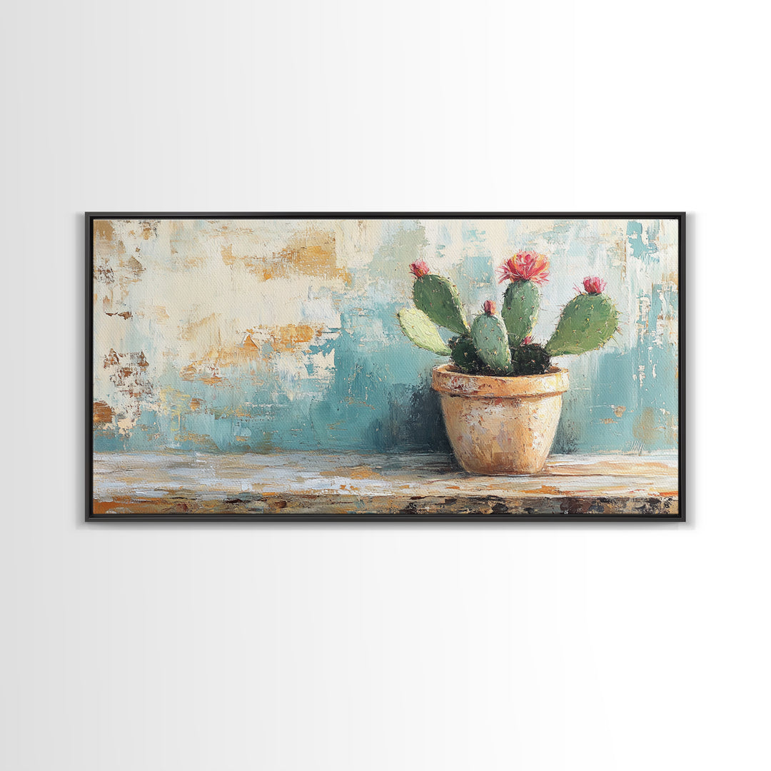 Potted Prickly Pear Cactus With Pink Flowers Canvas Print, Desert Wall Art, Southwest Decor, Botanical Kitchen Decor Gift
