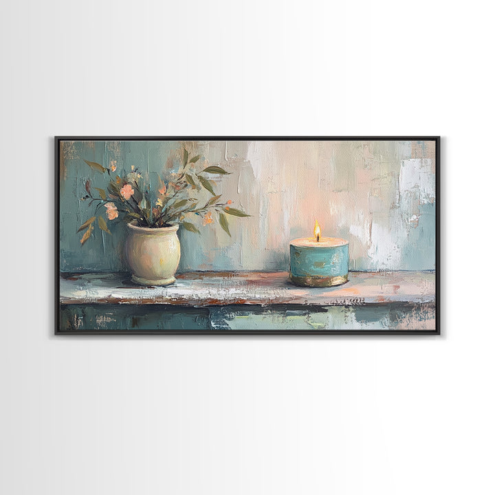 Potted Olive Plant And Candle Canvas Print, Spa Wall Art, Zen Home Decor, Calming Neutral Bathroom Decor Housewarming Gift