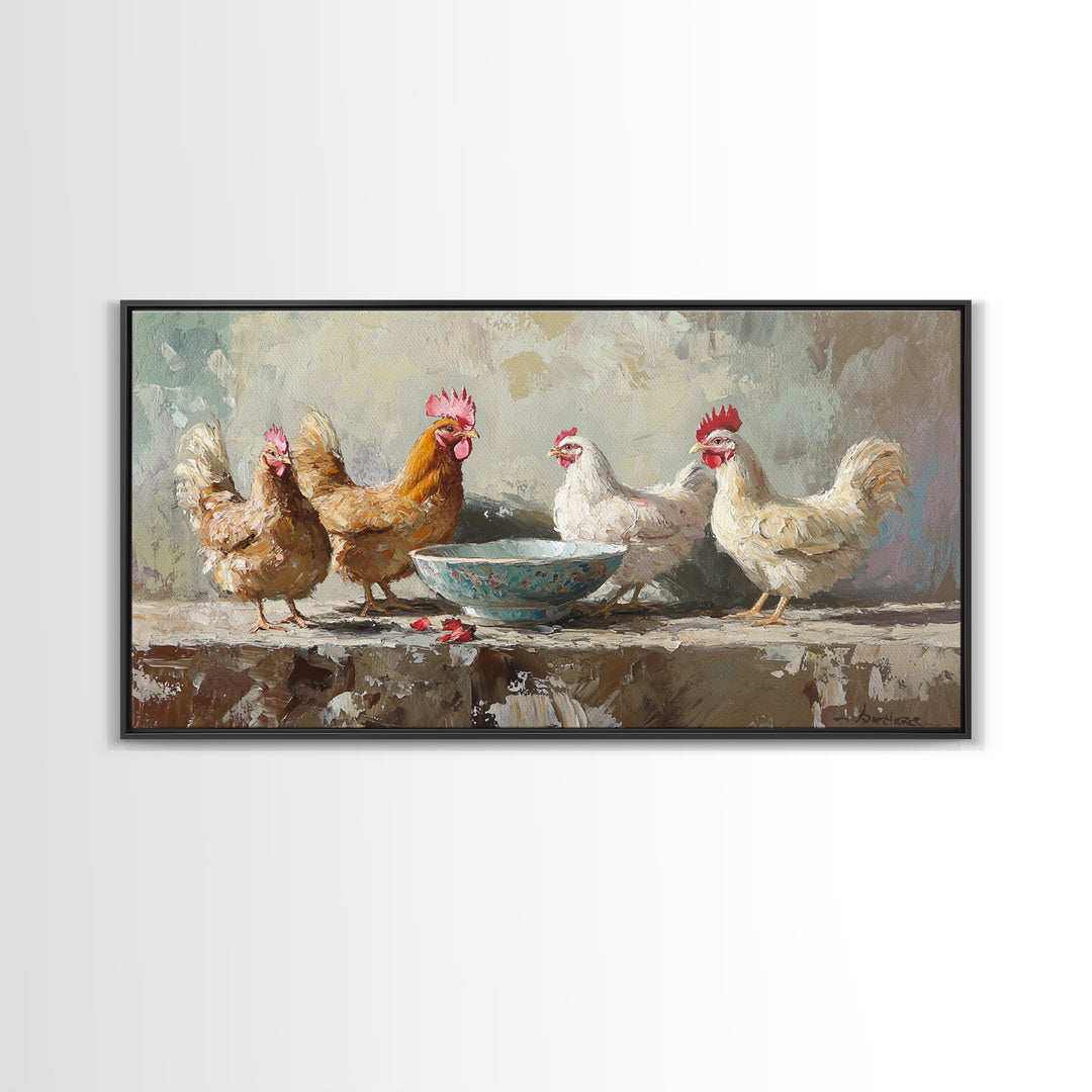 Rustic Farm Chickens And Blue Bowl Wall Art, Farmhouse Canvas Print, Country Kitchen Decor, Animal Wall Art, Housewarming Gift