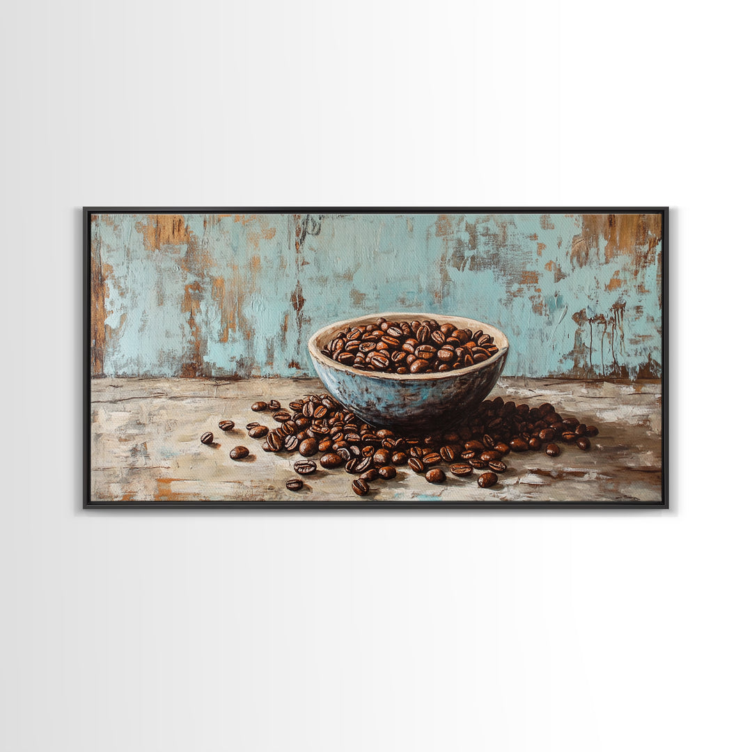 Coffee Beans In Weathered Blue Bowl Wall Art, Coffee Bar Canvas Print, Rustic Kitchen Decor, Cafe Wall Art, Gift For Coffee Lover