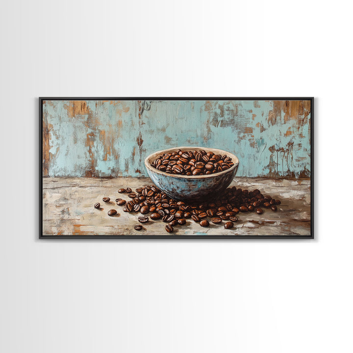 Coffee Beans In Weathered Blue Bowl Wall Art, Coffee Bar Canvas Print, Rustic Kitchen Decor, Cafe Wall Art, Gift For Coffee Lover