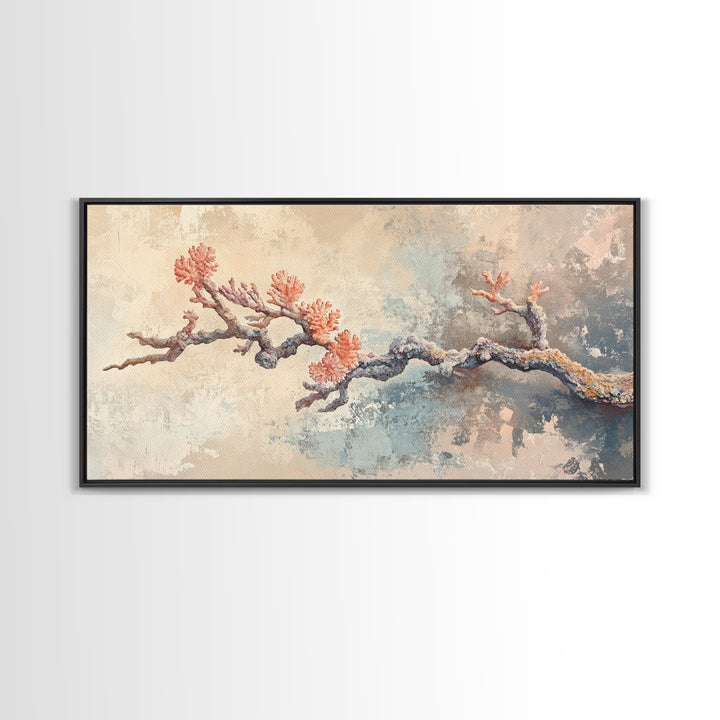 Pink Coral Branch Coastal Wall Art, Textured Ocean Art Print, Beach House Decor, Serene Neutral Canvas Print, Nautical Wall Decor