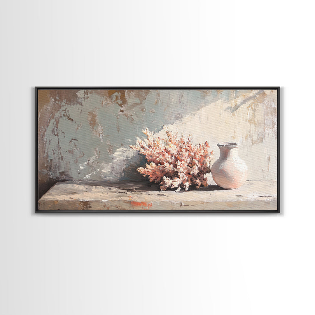 Soft Coral Bouquet And Ceramic Vase Wall Art, Coastal Still Life Print, Neutral Beach House Decor, Modern Home Decor Gift