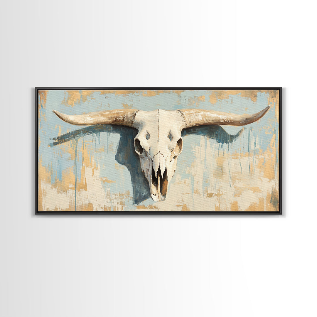 Longhorn Skull On Rustic Blue Plaster Wall Art, Western Ranch Decor, Southwestern Home Decor, Cowboy Canvas Art Print Gift