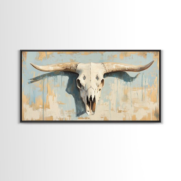 Longhorn Skull On Rustic Blue Plaster Wall Art, Western Ranch Decor, Southwestern Home Decor, Cowboy Canvas Art Print Gift