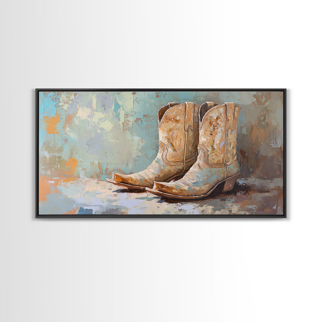 Weathered Cowboy Boots On Textured Blue Canvas Print, Western Wall Decor, Rustic Ranch Home Decor, Cowgirl Gift For Her Art