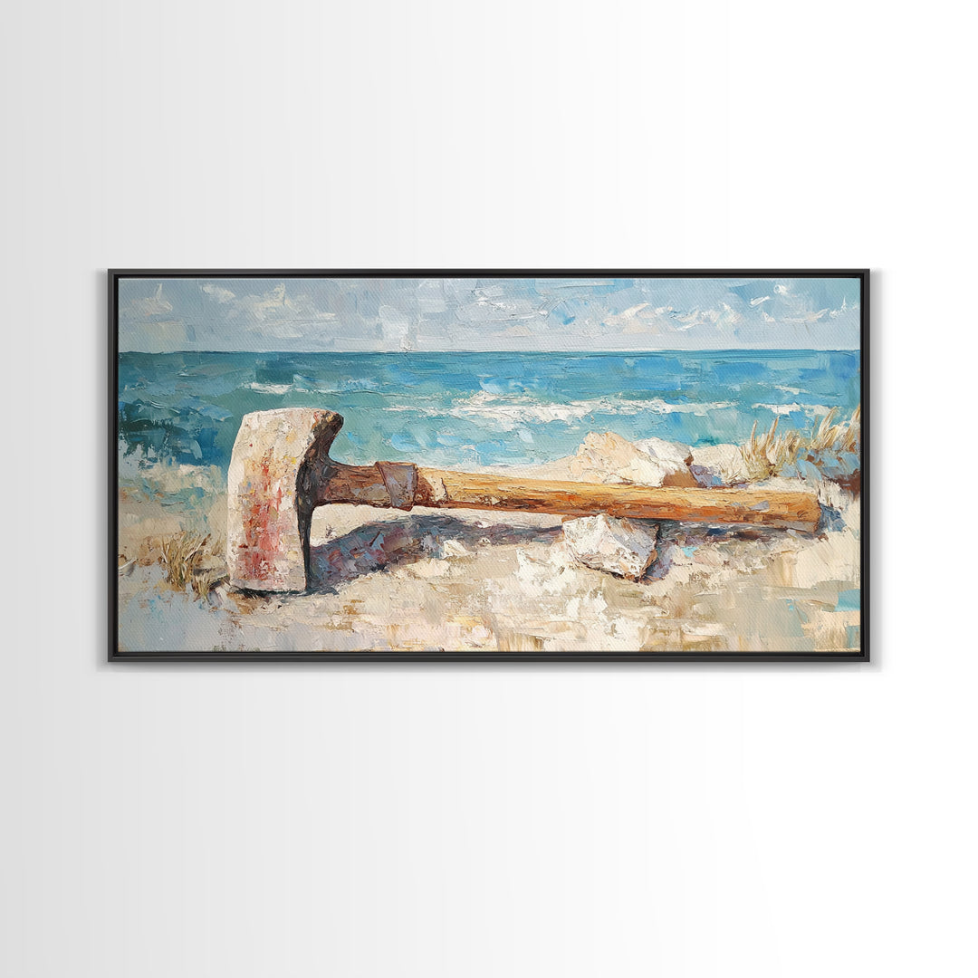 Weathered Axe On Sandy Beach Canvas Print, Coastal Wall Art, Nautical Home Decor, Rustic Seaside Ocean Landscape Gift For Him