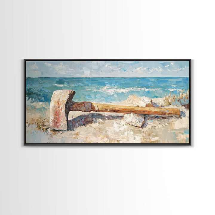 Weathered Axe On Sandy Beach Canvas Print, Coastal Wall Art, Nautical Home Decor, Rustic Seaside Ocean Landscape Gift For Him