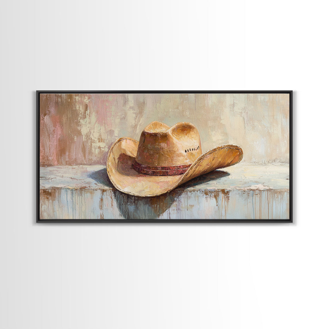 Worn Cowboy Hat On Rustic Shelf Wall Art, Western Home Decor, Cowgirl Wall Decor, Ranch Housewarming Gift, Canvas Print Idea