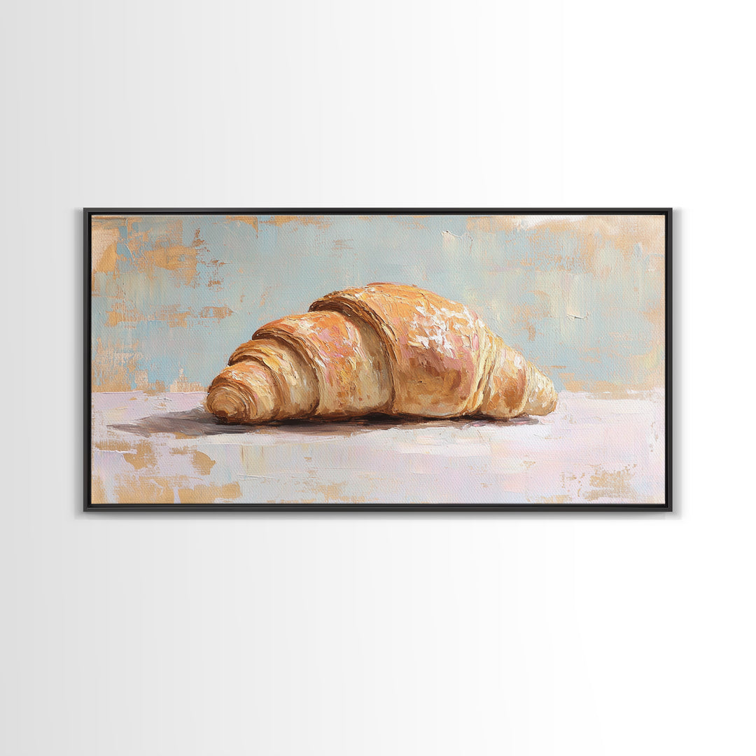 Golden Croissant On Pastel Table Canvas Print, French Bakery Wall Art, Kitchen Decor, Patisserie Print, Foodie Gift For Baker