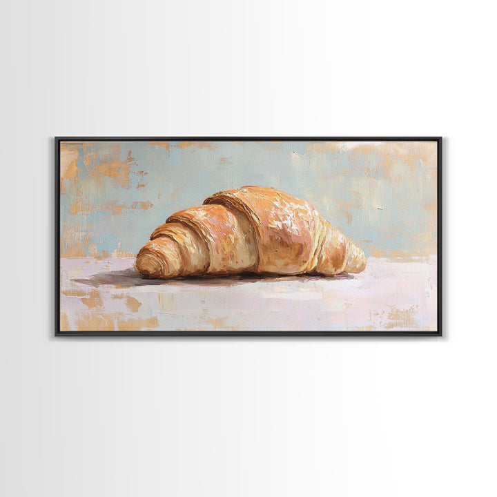 Golden Croissant On Pastel Table Canvas Print, French Bakery Wall Art, Kitchen Decor, Patisserie Print, Foodie Gift For Baker
