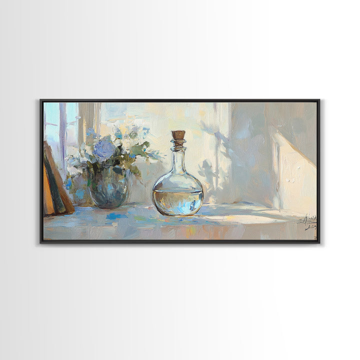 Sunlit Glass Decanter With Blue Flowers Framed Canvas Print, Impressionist Still Life, Neutral Home Decor, Dining Room Wall Art