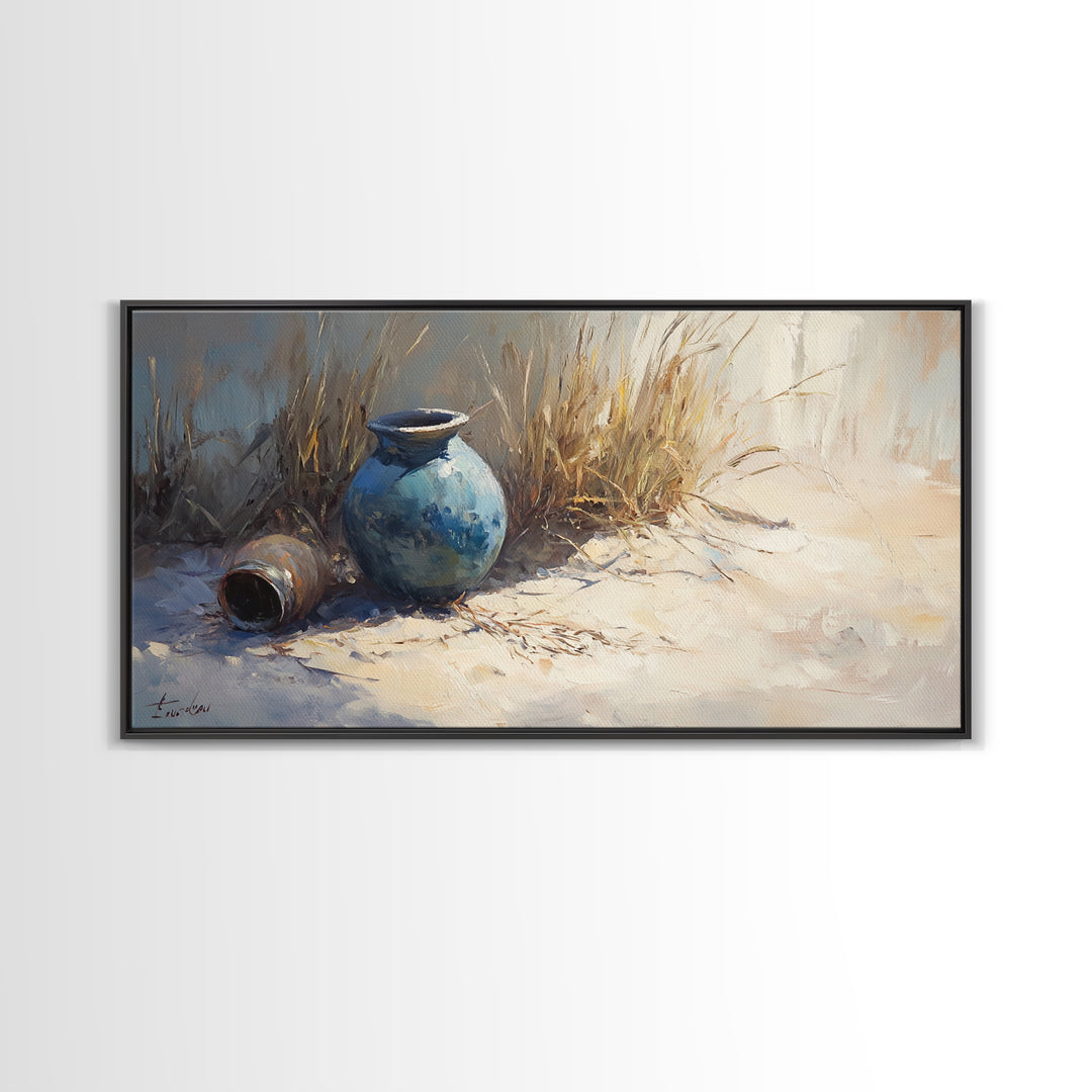 Blue Ceramic Vase In Sunlit Sand Wall Art, Coastal Still Life Canvas, Neutral Beach Decor, Rustic Home Decor, Housewarming Gift