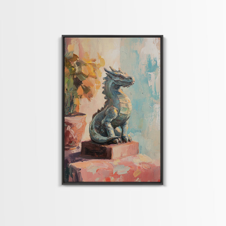 Blue Dragon Statue Fantasy Canvas Print, Whimsical Wall Art, Mythical Creature Nursery Decor, Kids Room Art, Unique Gift