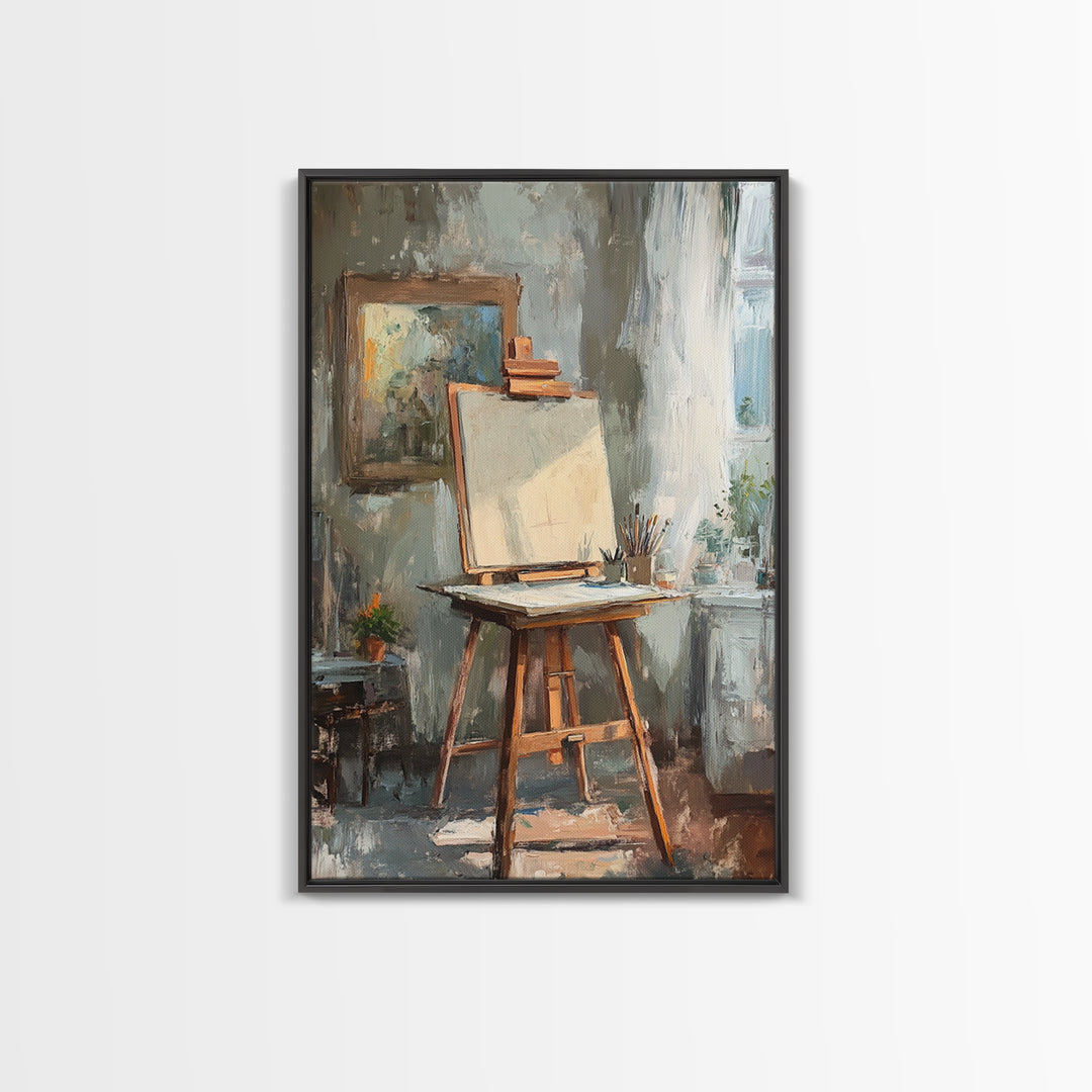 Sunlit Artist Studio Easel Framed Canvas Print, Office Wall Art, Creative Home Decor, Gift For Painter, Modern Wall Decor