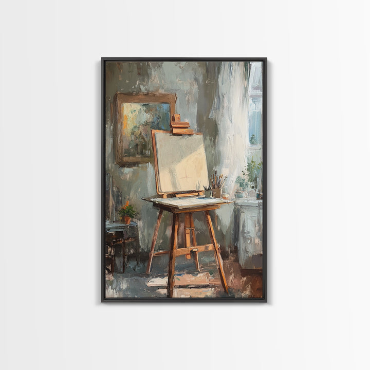 Sunlit Artist Studio Easel Framed Canvas Print, Office Wall Art, Creative Home Decor, Gift For Painter, Modern Wall Decor