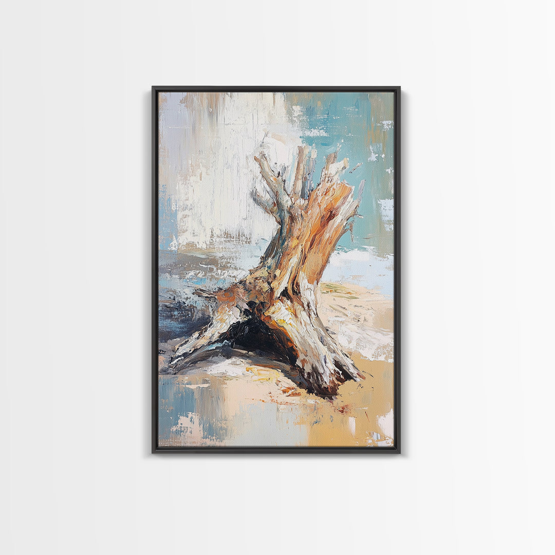 Textured Driftwood Stump On Sandy Shore Wall Art, Coastal Beach House Decor, Neutral Nature Print, Rustic Seaside Painting