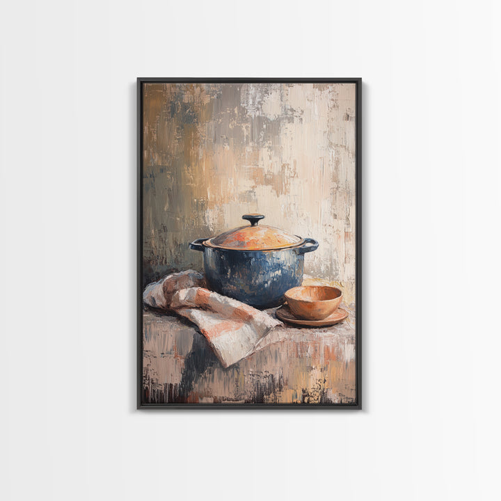 Blue Dutch Oven With Bread And Bowl Framed Canvas Print, Rustic Kitchen Wall Art, Farmhouse Decor, Cozy Still Life Painting