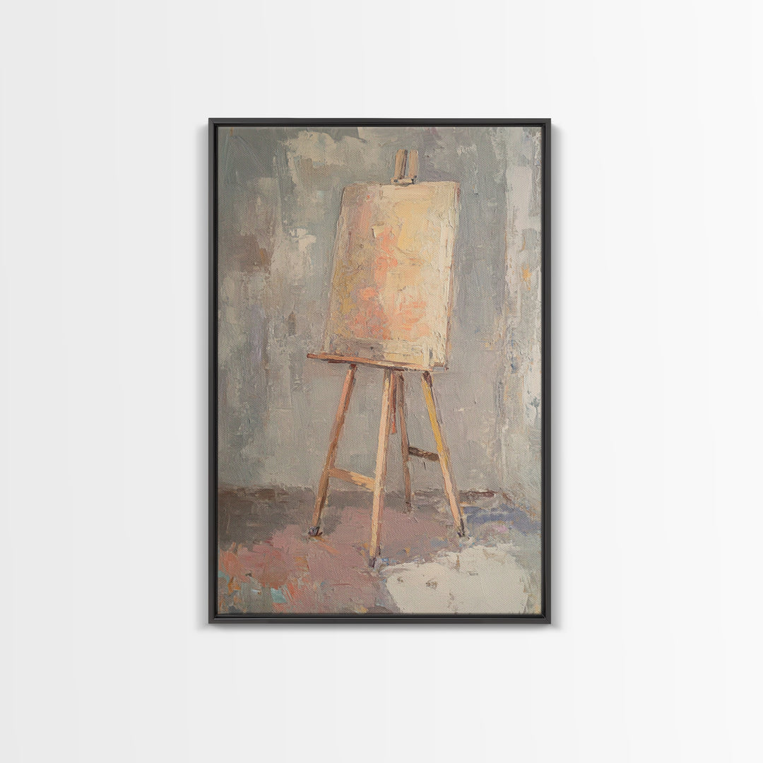 Empty Easel With Textured Blank Canvas Wall Art, Artist Studio Decor, Minimalist Neutral Art Print, Creative Office Gift
