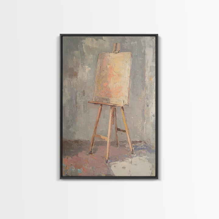 Empty Easel With Textured Blank Canvas Wall Art, Artist Studio Decor, Minimalist Neutral Art Print, Creative Office Gift