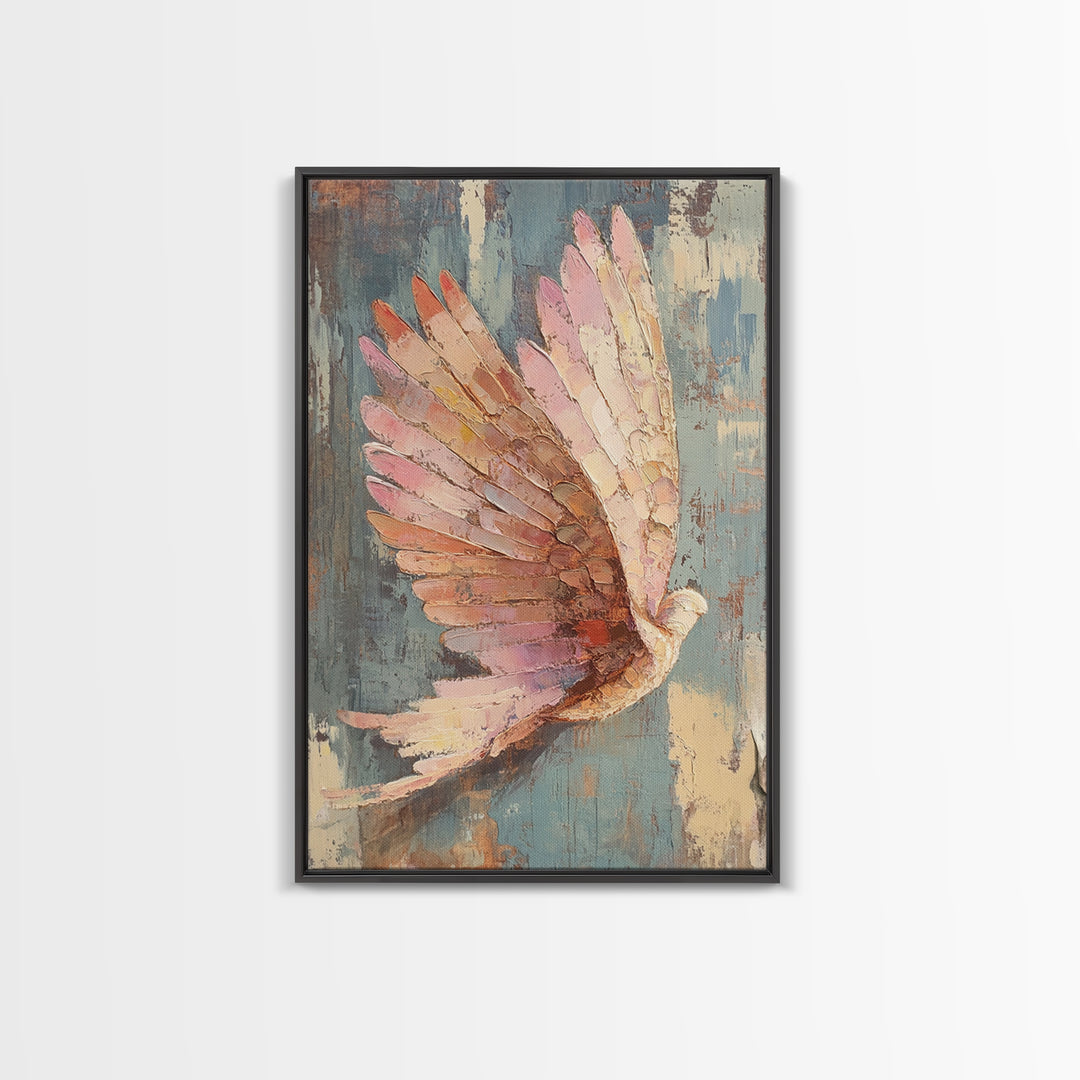 Pastel Dove In Flight With Textured Wings Wall Art, Peaceful Bird Painting, Spiritual Home Decor, Nursery Or Living Room Print