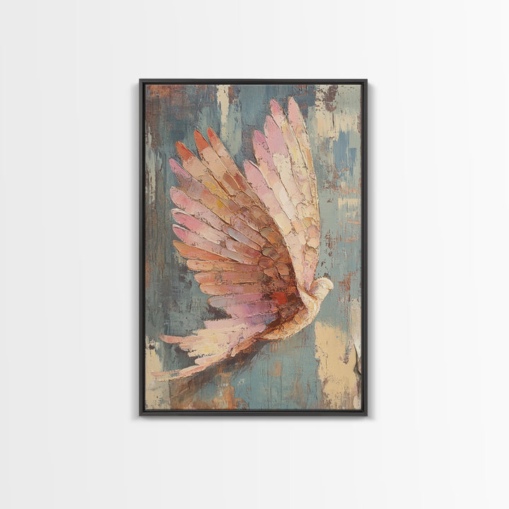 Pastel Dove In Flight With Textured Wings Wall Art, Peaceful Bird Painting, Spiritual Home Decor, Nursery Or Living Room Print