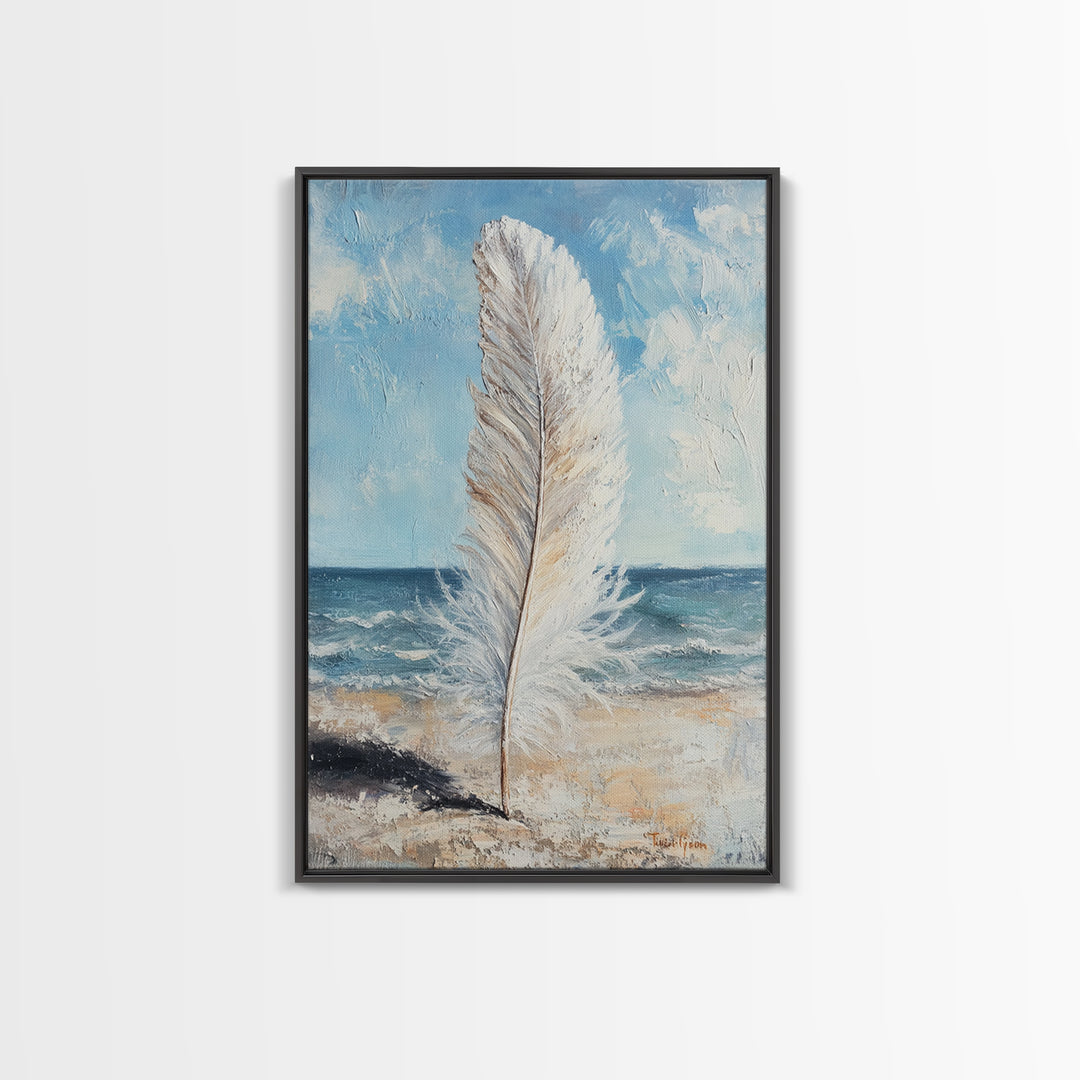 White Feather On Ocean Shore Canvas Print, Coastal Beach Wall Art, Serene Seascape Painting For Calm Bedroom And Beach House Decor