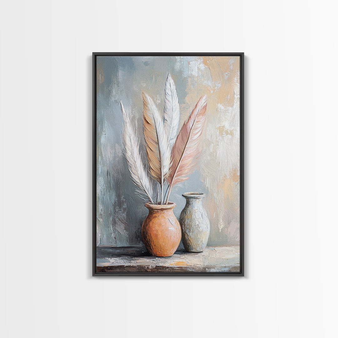 Soft Neutral Feathers In Ceramic Vases Framed Canvas Print, Boho Coastal Wall Art, Japandi Living Room Decor Gift For Bedroom
