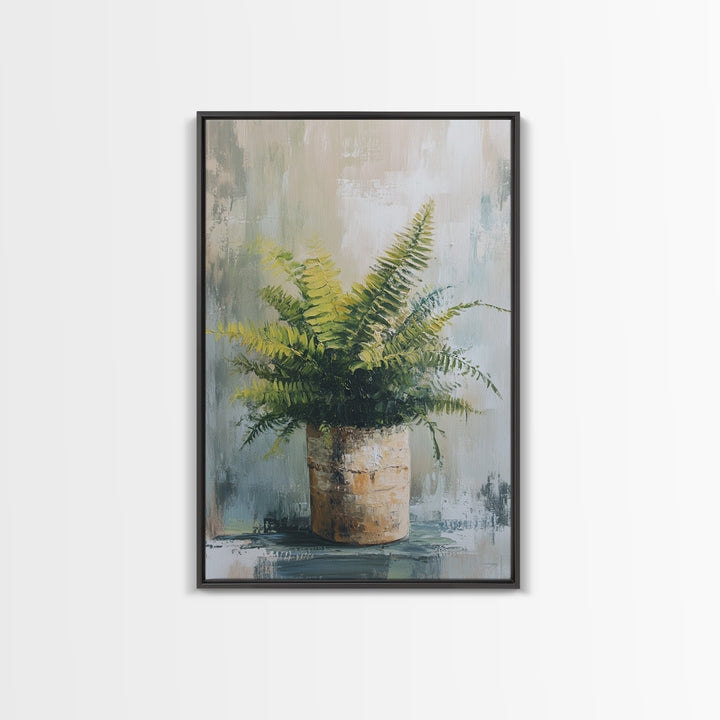 Green Fern In Rustic Pot Canvas Print, Botanical Wall Art, Neutral Plant Painting For Japandi Modern Home Decor Gift For Living Room