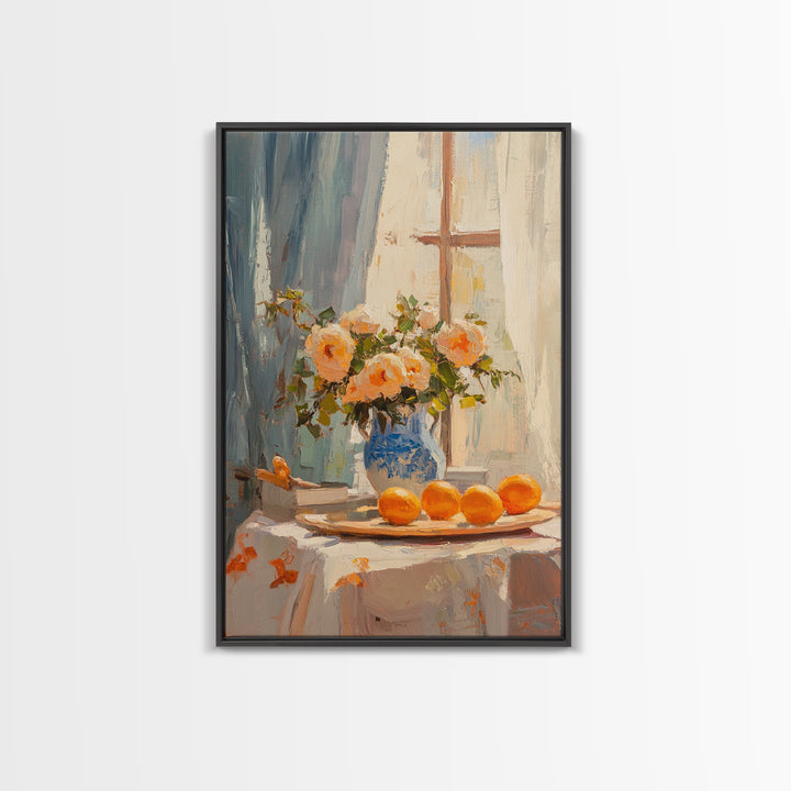 Peach Roses And Oranges By Window Framed Canvas Print, Kitchen Wall Art, French Country Decor, Floral Still Life Gift For Her