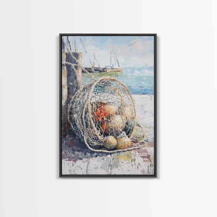 Fishing Net And Buoys By Harbor Wall Art, Coastal Wall Decor, Nautical Canvas Print, Beach House Decor, Ocean Art, Gift For Him