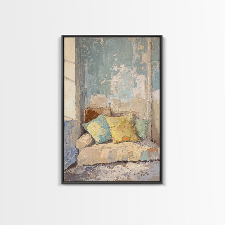 Sunlit Sofa With Pastel Pillows Wall Art, Cozy Bedroom Decor, Neutral Living Room Art, Apartment Decor, Housewarming Gift
