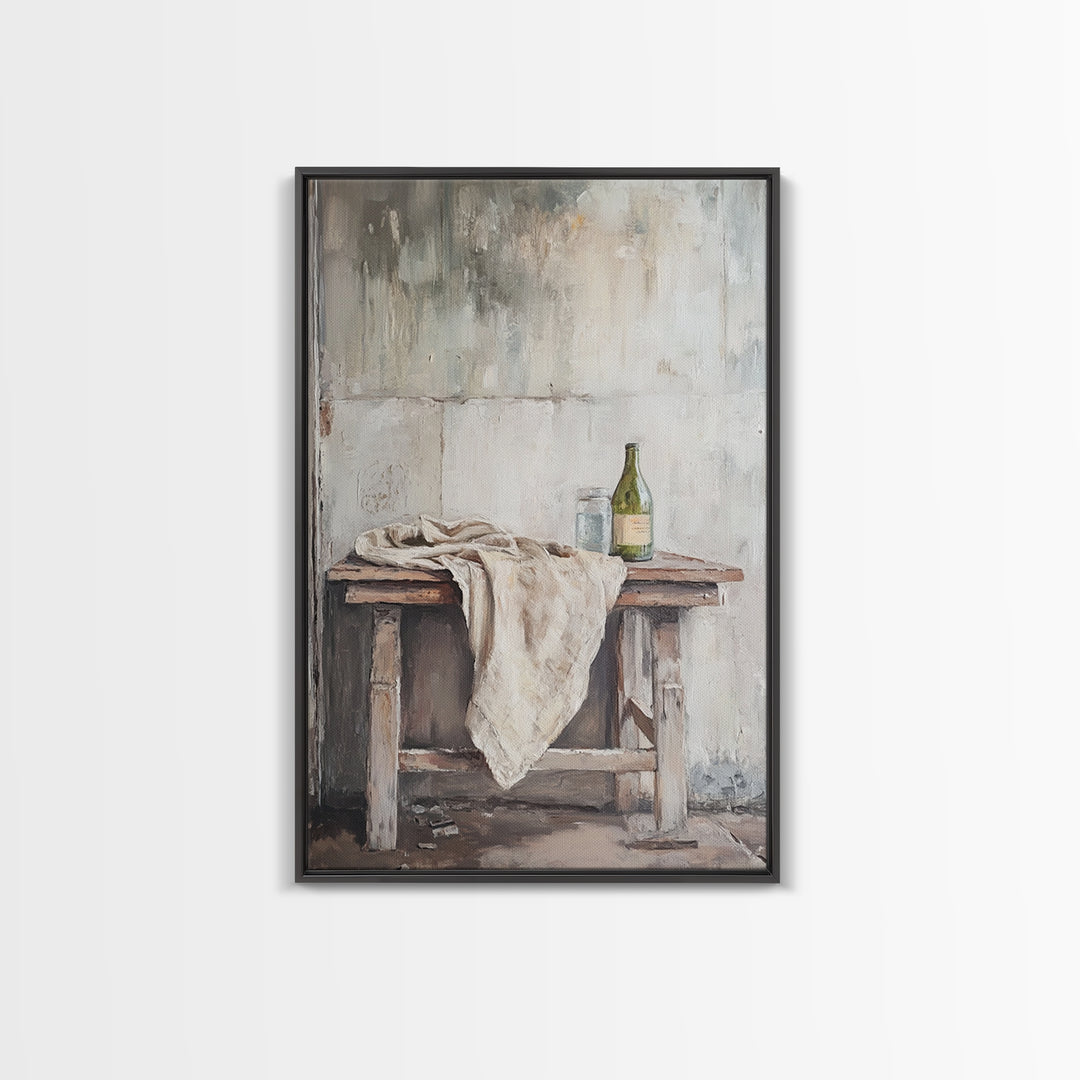 Rustic Wine Bottle And Linen On Weathered Table Framed Canvas Print, Neutral Farmhouse Kitchen Wall Decor Gift For New Home