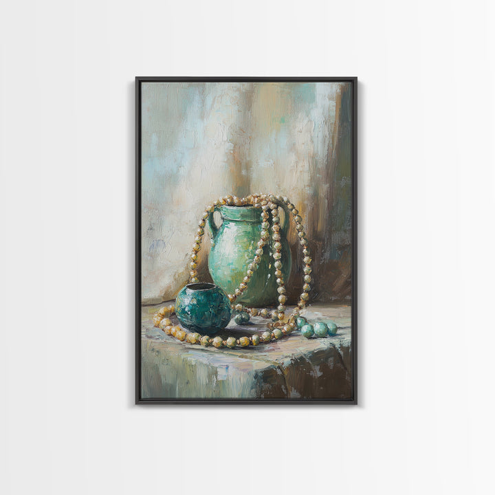 Turquoise Vases With Pearl Beads Still Life Wall Art, Elegant Framed Canvas Print For Bedroom Office Decor Gift For Her