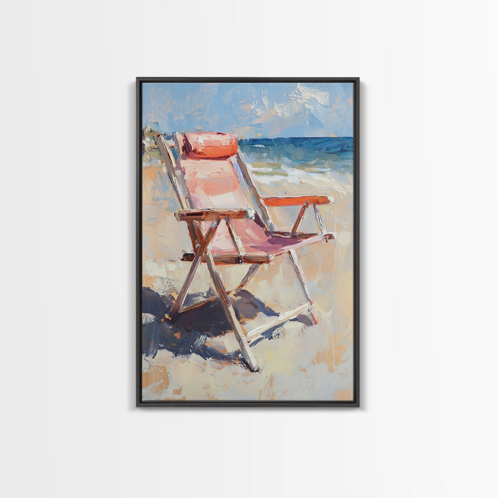 Pink Beach Chair Beside Blue Ocean Canvas Print, Coastal Wall Art For Beach House Decor, Summer Living Room Gift For Her