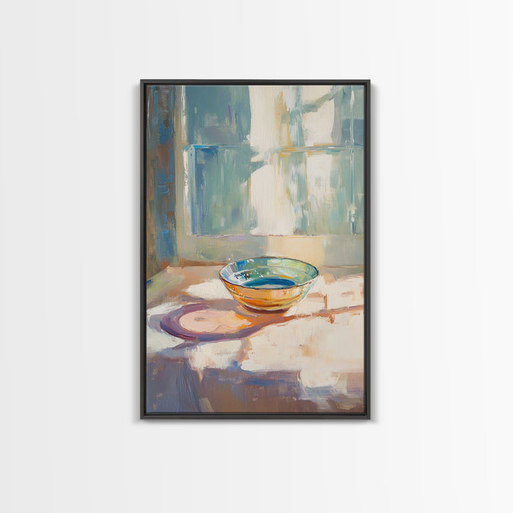Sunlit Glass Bowl By Window Wall Art, Minimalist Still Life Print, Soft Blue Kitchen Decor, Modern Coastal Home Decor Gift