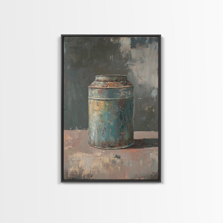 Rustic Blue Tin Can Still Life Canvas Print, Wabi Sabi Wall Art, Industrial Farmhouse Decor, Neutral Kitchen Print Home Decor