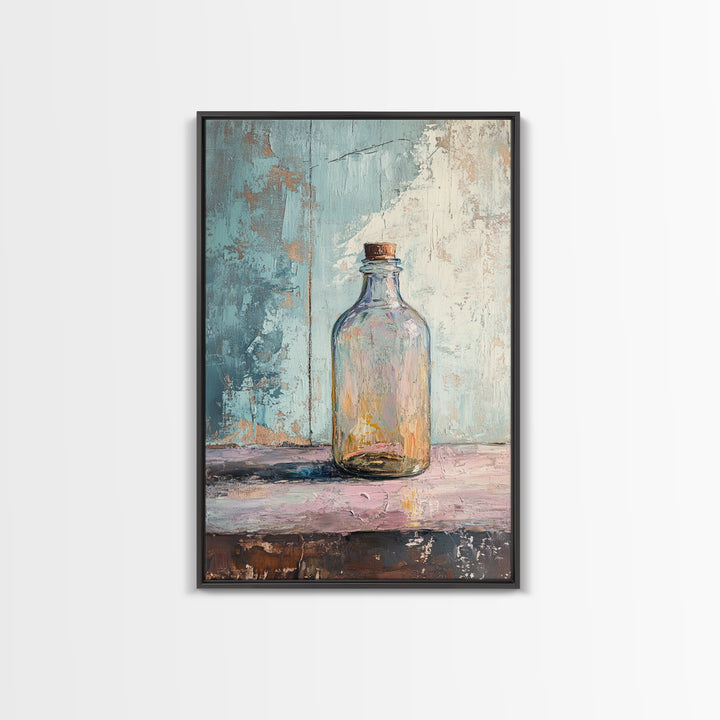 Iridescent Glass Bottle On Blue Plaster Wall Art, Minimalist Still Life Print, Wabi Sabi Kitchen Decor, Modern Home Gift